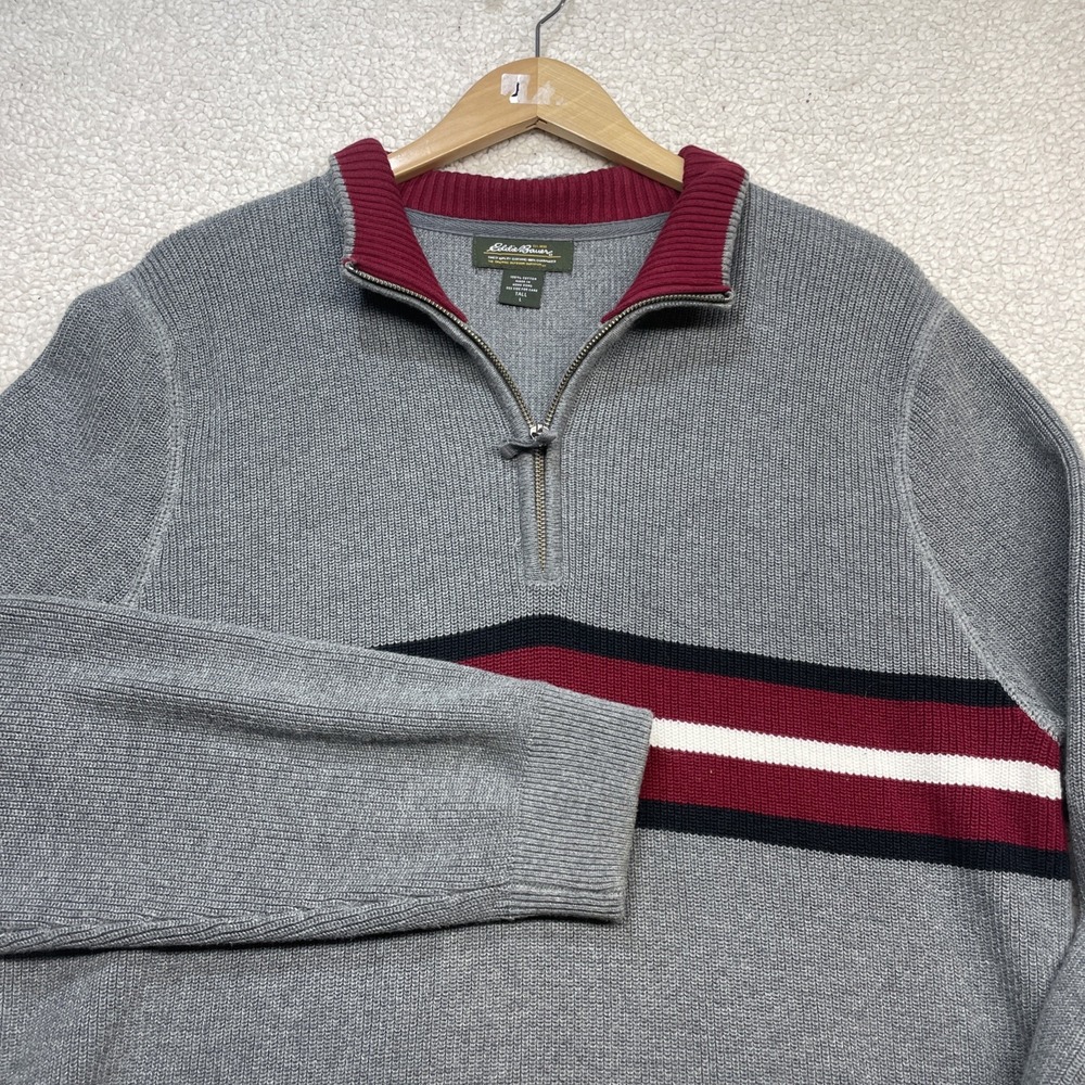 EDDIE BAUER SWEATER PULLOVER 1/4 ZIP HENLEY GRAY RED WHITE COTTON LT‎ L TALL